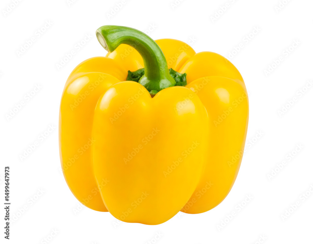 Close-up picture of a bright yellow bell pepper with a green top, showing its smooth and shiny skin, on a white background or png. Close-up picture of a bright yellow bell pepper with a green top, showing its smooth and shiny skin, on a white background or png.