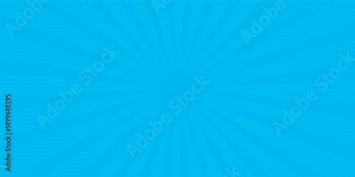 Comic background. Pop art texture. Starburst cartoon style. Anime design with explosion effect for print. Fun dot pattern. Blue backdrop with halftone gradient. Funny line frame