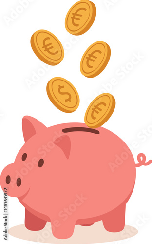 Flat Vector Illustration of a Pink Piggy Bank with Euro and Dollar Coins Falling into It, Representing Savings, Investment, and Financial Growth