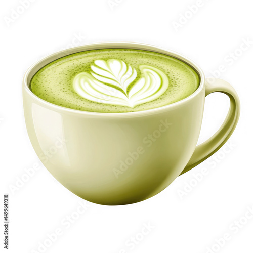 Matcha latte art in cup, close up on transparent background