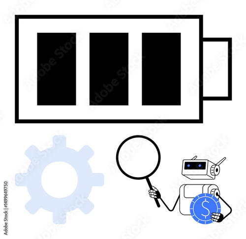 Battery icon with robot holding magnifying glass, evaluating settings and efficiency. Ideal for technology, energy, automation, optimization, sustainability, artificial intelligence innovation. Flat