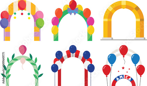Cartoon colorful balloon arch set, party decoration vector illustration, Festive colorful balloons set. Helium balls for holiday and party event, wedding ceremonies and store opening. Izometric 3d rea