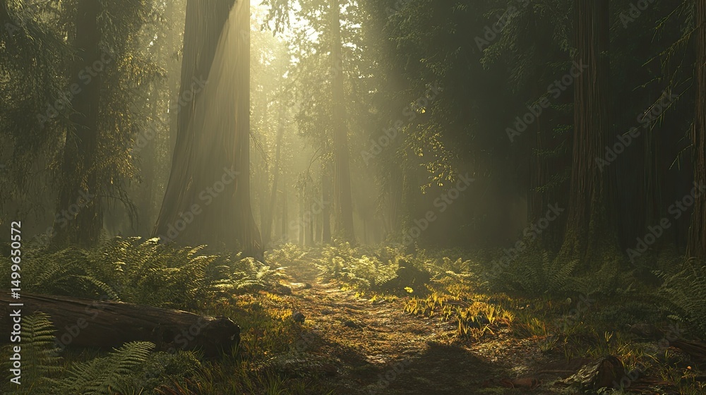 Obraz premium Sunlit path through a misty forest