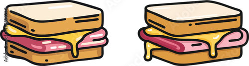 Deliciously Melting Cheese and Ham Sandwiches: A Mouthwatering Flat Vector Illustration of Two Perfectly Toasted Sandwiches with Gooey Cheese and Juicy Ham