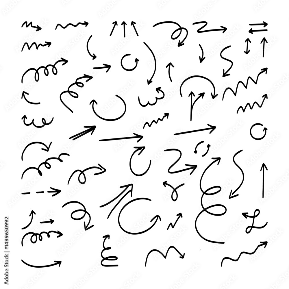 arrow sketches collection, hand drawn  doodle style pointers, curved line, round swirls, black brush stroke