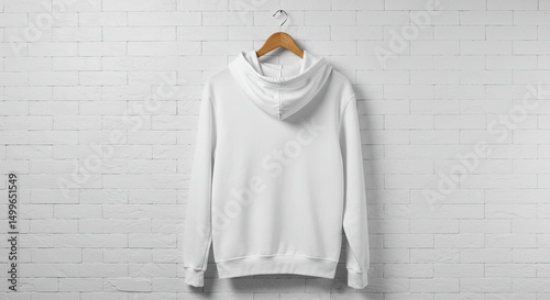 Classic Hoodie Mockup: A sleek, minimalist studio shot of a white hoodie displayed on a wooden hanger, showcasing its clean lines and versatile design, a perfect blank canvas for customization.