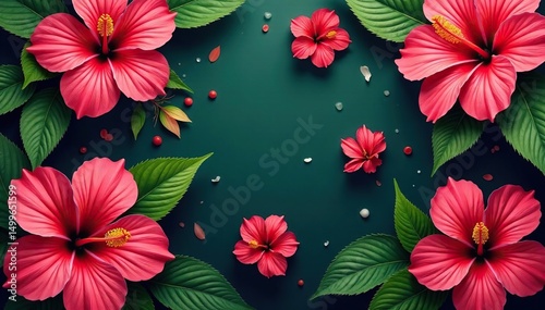 Vibrant tropical hibiscus blooms, lush green leaves, endless repeat , wallpaper, tropical pattern, foliage