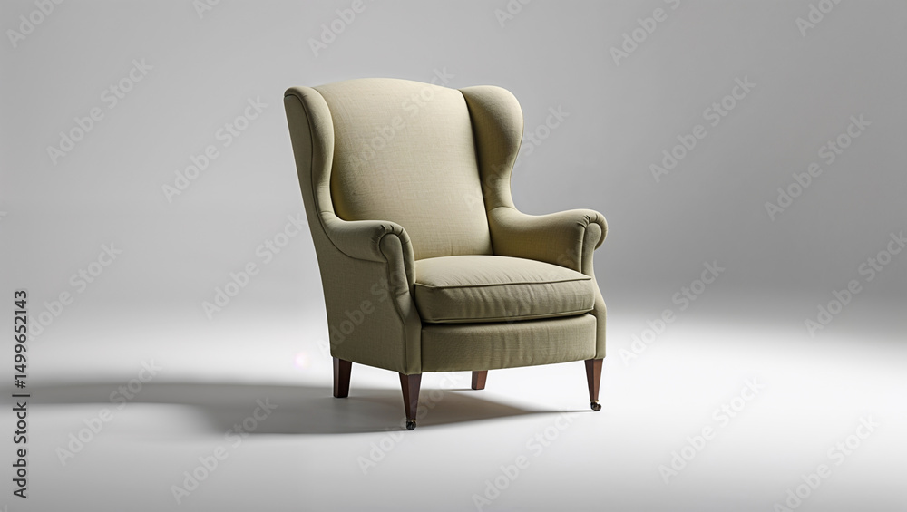 Fototapeta premium A light green wingback chair with dark wood legs sits on a white surface in a studio setting