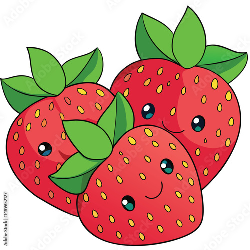a cluster of plump juicy strawberries with tiny details
