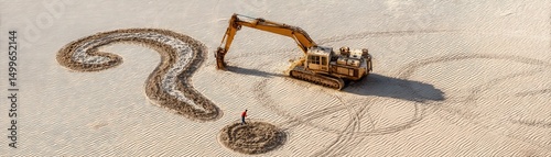 Excavator forming a giant question mark in sand   metaphor for environmental impact