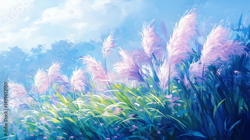 A vibrant field of pampas grass under a bright, blue sky.