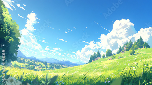 A serene landscape featuring a vibrant meadow under a blue sky.