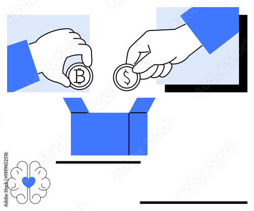 Hands place bitcoin and dollar coins into a shared box symbolizing donations and financial collaboration. Brain with heart emphasizes altruism. Ideal for crowdfunding, charity, finance, innovation