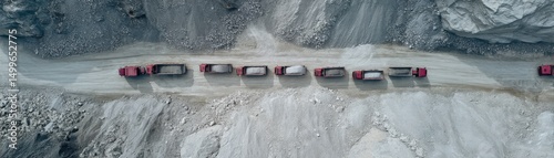 Drone view of autonomous trucks moving in perfect formation across quarry