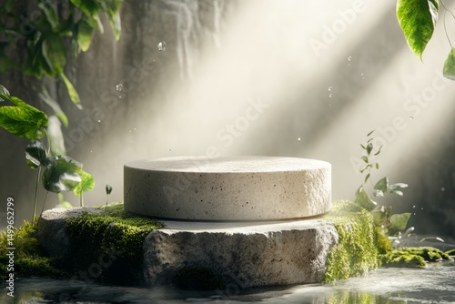 Rough stone podium with moss and dew for natural cosmetics presentation