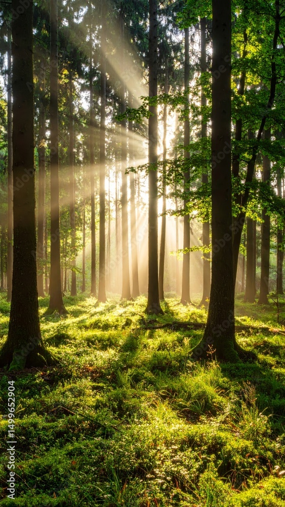 Naklejka premium Beautiful rays of sunlight in a green forest