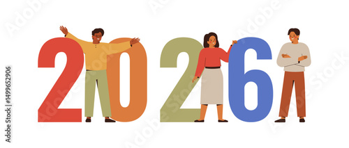 Horizontal banner with Happy people near 2026 colourful numbers. Smiling friends and colleagues celebrate new year holidays and christmas. Vector illustration