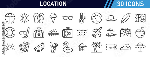 Set of 30 Minimal Editable Stroke outline Icons related to the Summer Vacation line icon collection. Vector illustration.