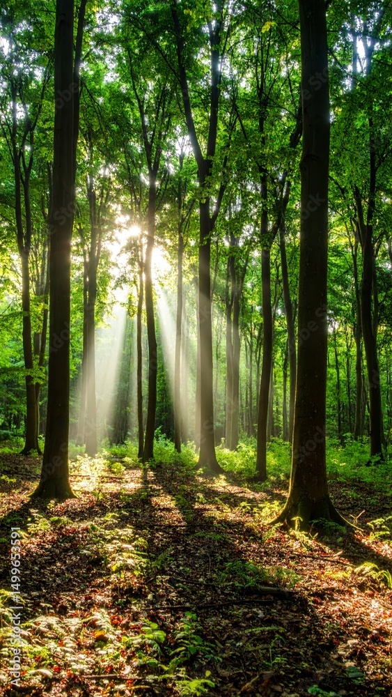 Naklejka premium Beautiful rays of sunlight in a green forest