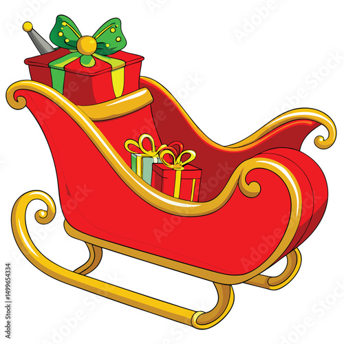 a festive red sleigh with golden runners filled with joy