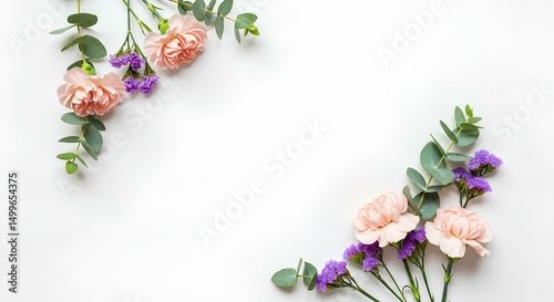 Delicate Floral Arrangement of Pink Carnations and Eucalyptus on White Background
