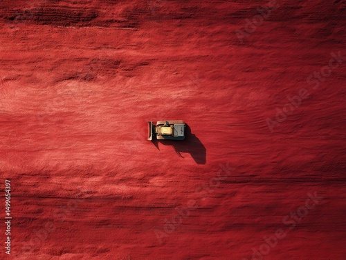 Minimalist topdown shot of one bulldozer in a sea of red soil   isolation and impact