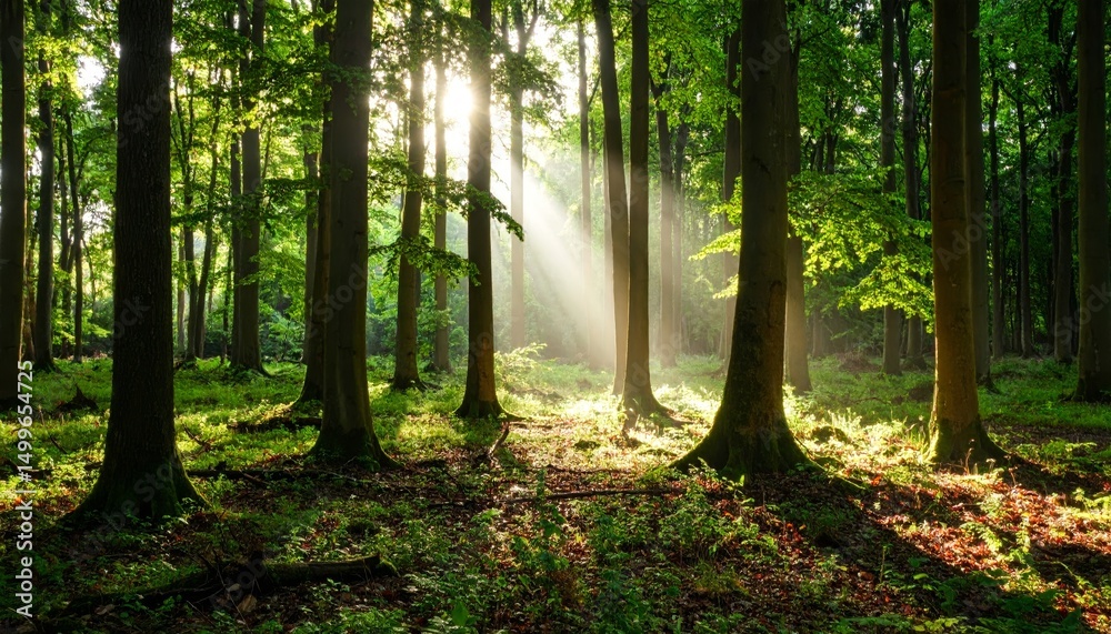 Fototapeta premium Beautiful rays of sunlight in a green forest
