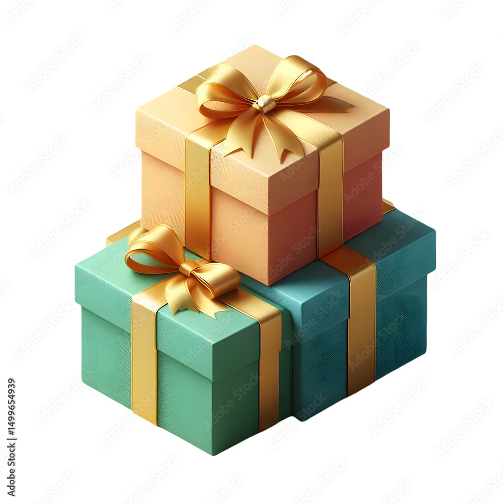 Fototapeta premium Detailed image of three stacked gift boxes wrapped in colorful paper (red, blue, and green), each with neatly tied golden satin ribbons