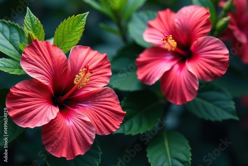 Vibrant hibiscus blossoms, intricate leaf details, fabric, red, summer