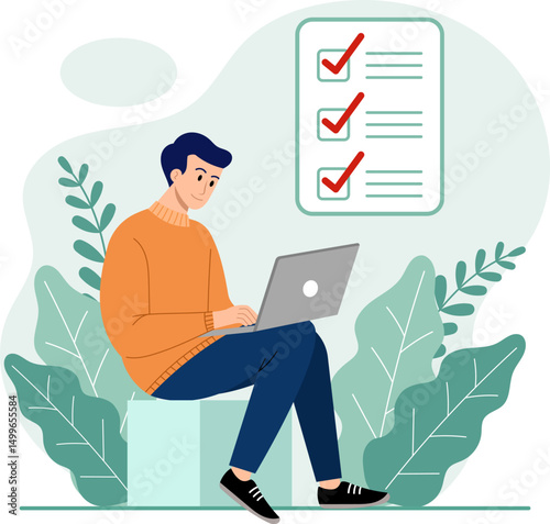 Illustration of Efficient Task Management Man Using Laptop and Checklist for Productivity