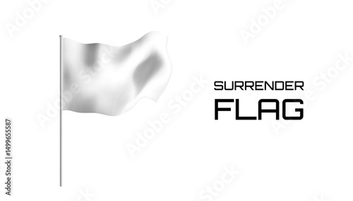 White surrender flag 3D mockup waving on pole isolated on white. Vector banner with empty fabric design. Symbolizing peace, truce, or ceasefire gesture fluttering in wind.