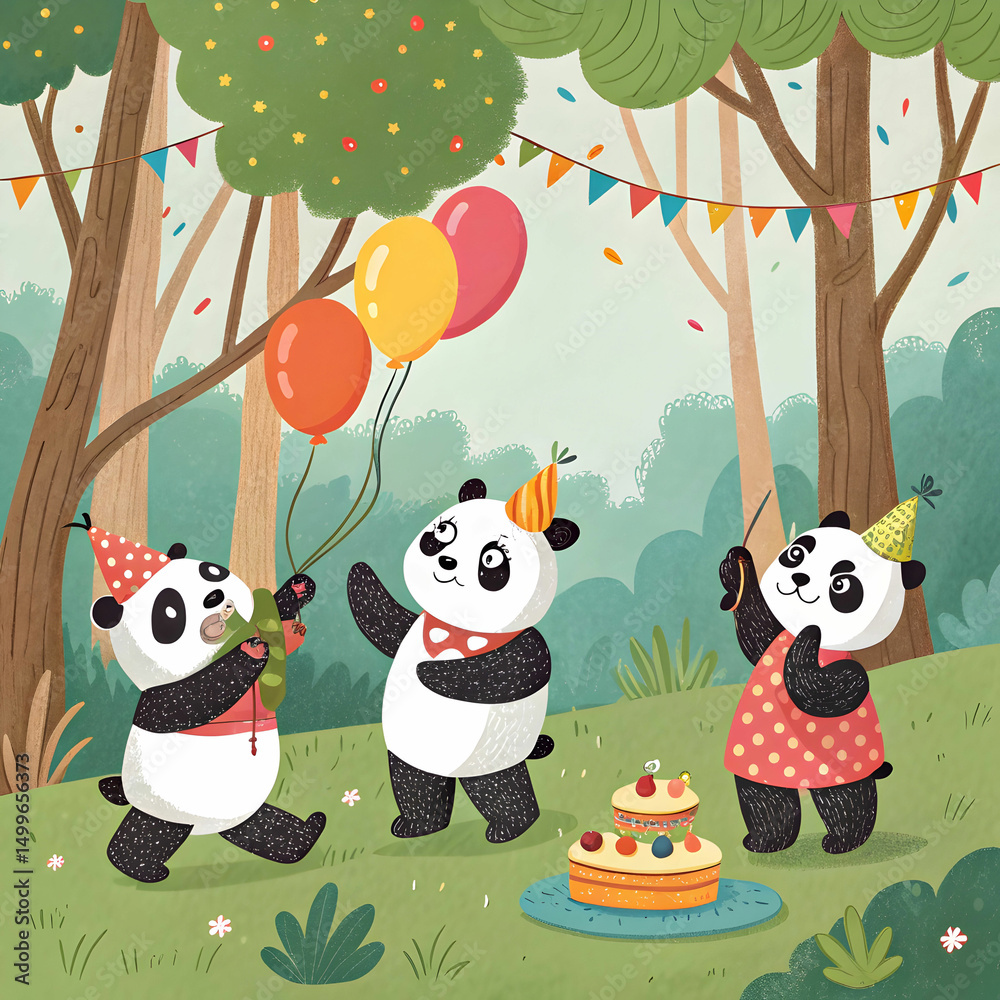 Naklejka premium Cute Cartoon Pandas Celebrating Birthday Party in Forest Setting