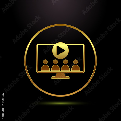 Video lectures icon design illustration, Video conference icon, Online seminar sign symbol in gold color style
