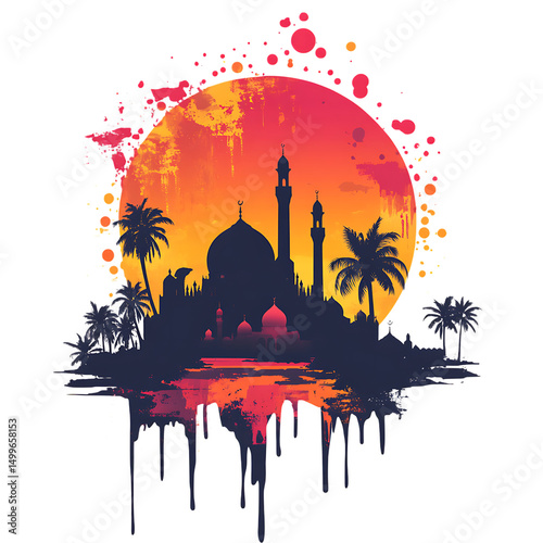 Mosque silhouette sunset palm trees isolated on a white background