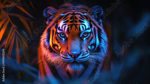 Colorful tiger on the hunt in a shadowy forest, silent and focused 