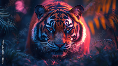 Colorful tiger on the hunt in a shadowy forest, silent and focused 