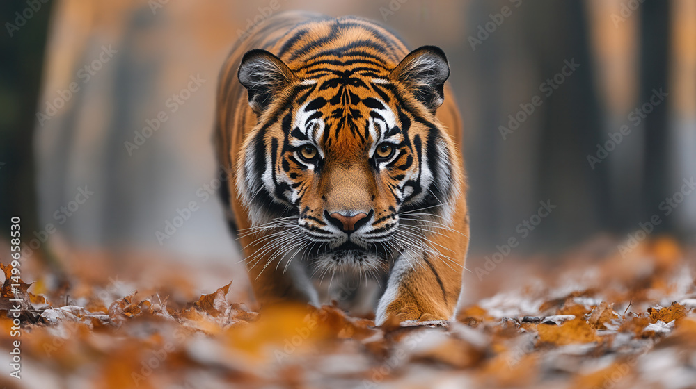 Obraz premium Vibrant colored tiger silently stalking prey in dense forest wildlife scene
