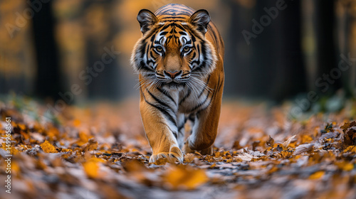 Vibrant colored tiger silently stalking prey in dense forest wildlife scene