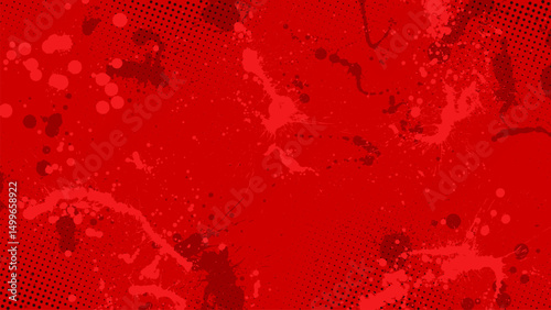A red background smudged with varying shades of red and dotted with small black halftones.