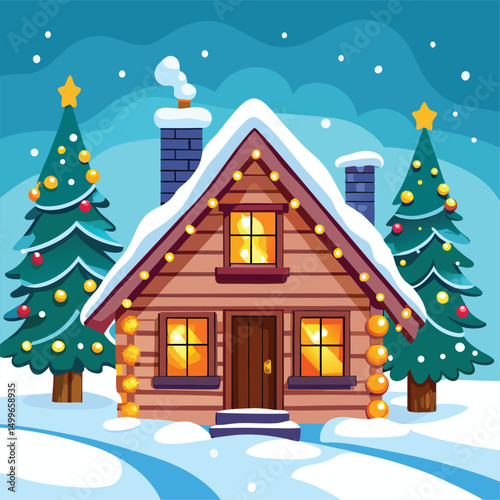 A realistic snow covered cabin with christmas lights
