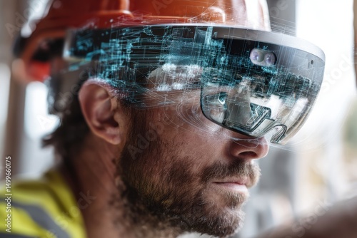 Smart construction site using augmented reality headsets, future tech theme