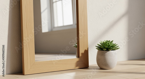 Succulent plant and wooden mirror in bright room