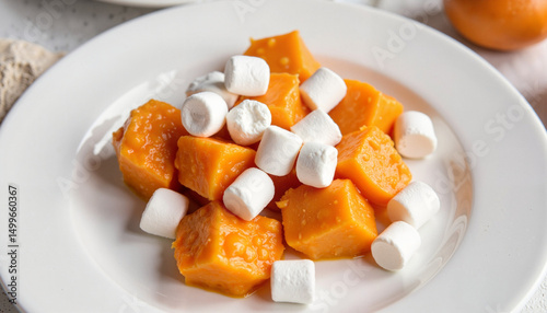 Pumpkin cubes topped with marshmallows on a white plate for dessert concept