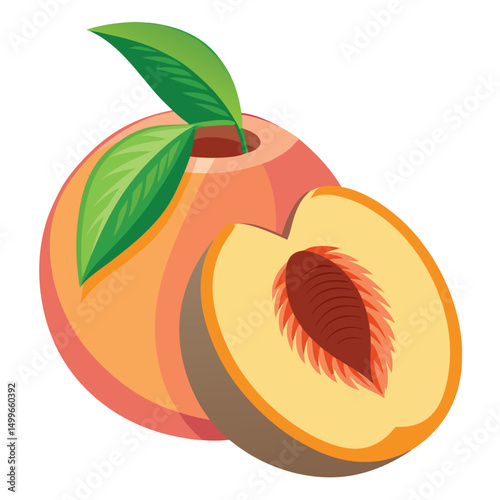 A sliced peach with soft orange flesh and a fuzzy skin