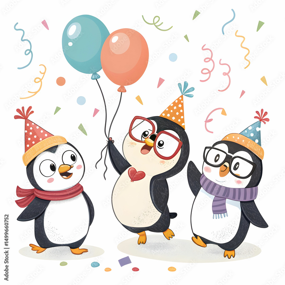 Fototapeta premium Cute Cartoon Penguins Celebrating Party with Balloons and Confetti Fun