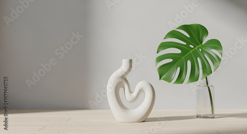 Leaf in decorative vase with lush green foliage and minimalist design