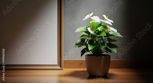 Houseplant in decorative pot with bright green leaves beside a wall and empty frame