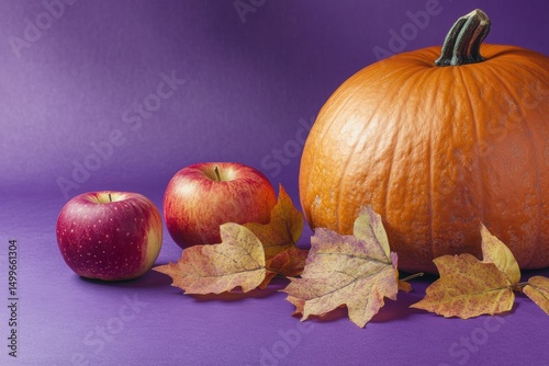 ?omposition with pumpkin, apples and colorful fall leaves on purple background, seasonal still life for Thanksgiving, Halloween, harvest celebration, seasonal sale or autumn greeting card design