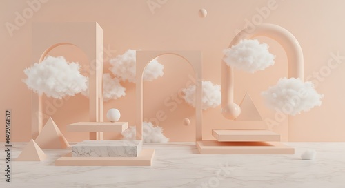 Pink surreal interior with dreamlike cloud decor