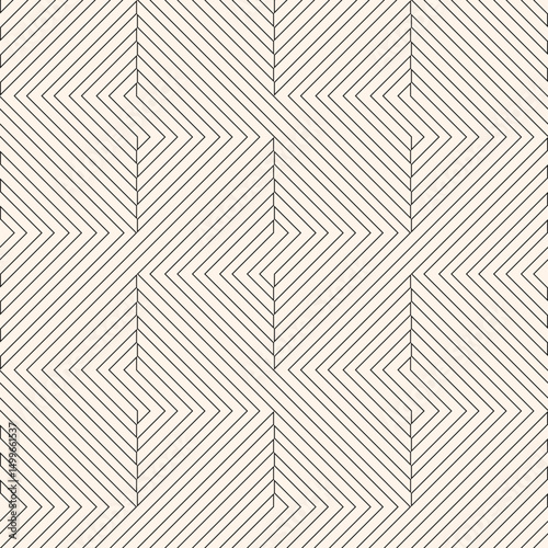 Geometric lines vector seamless pattern. Subtle minimal vector texture with thin quirky stripes, lines, chevron, zigzag. Abstract black and white graphic background. Linear ornament. Trending design